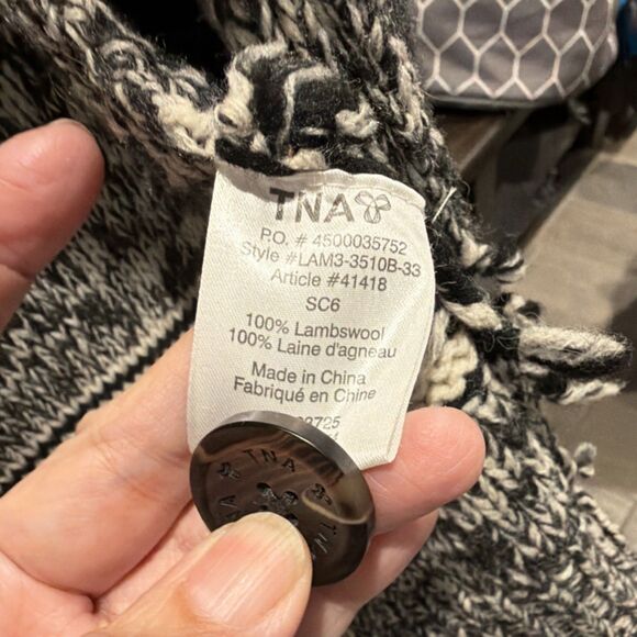 TNA Lambswool Graphic Cardigan Sweater Gray Cream Black Women's L - Picture 2 of 5